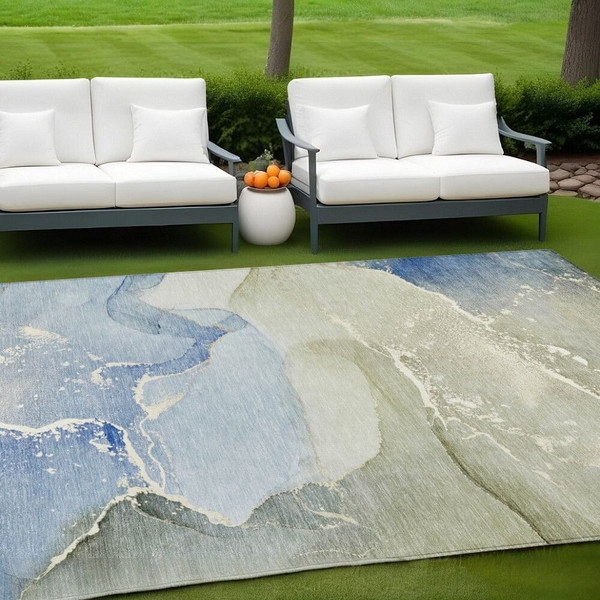 9' X 12' Blue and Green Abstract Washable Indoor Outdoor Area Rug N270-560245
