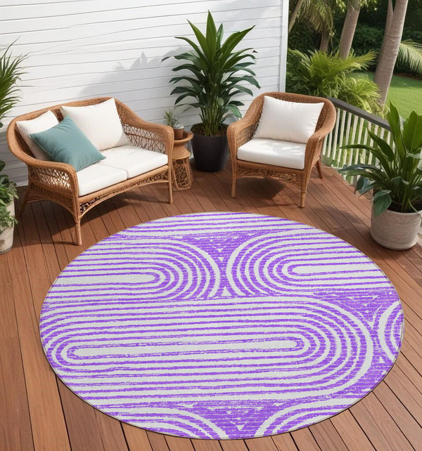 8' Round Purple and White Round Abstract Washable Non Skid Indoor Outdoor Area Rug N270-561854