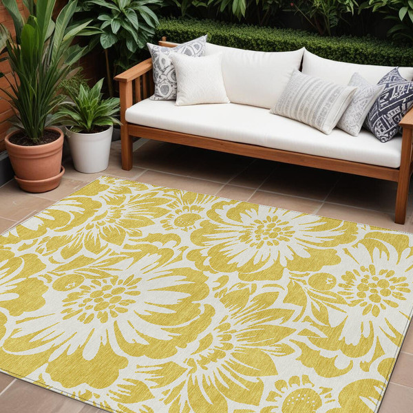 9' X 12' Gold and White Floral Washable Non Skid Indoor Outdoor Area Rug N270-562450