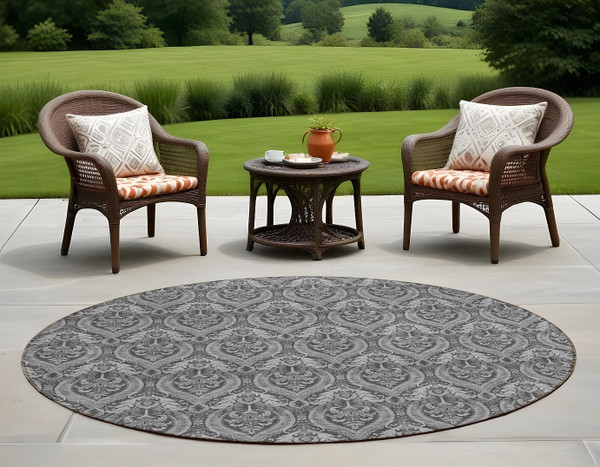 8' Round Gray Round Damask Washable Non Skid Indoor Outdoor Area Rug N270-563876