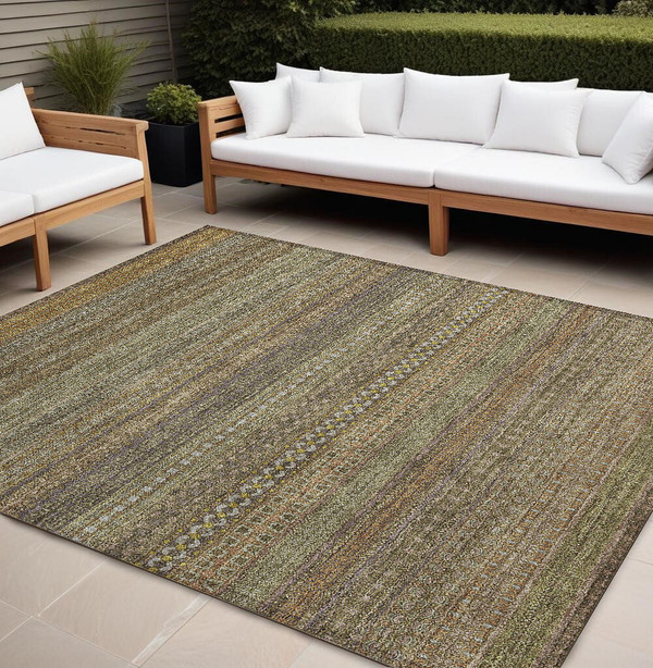 9' X 12' Khaki Striped Washable Non Skid Indoor Outdoor Area Rug N270-560733