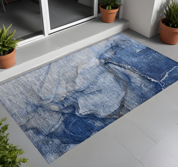2' X 3' Navy Blue Abstract Washable Non Skid Indoor Outdoor Area Rug N270-560573