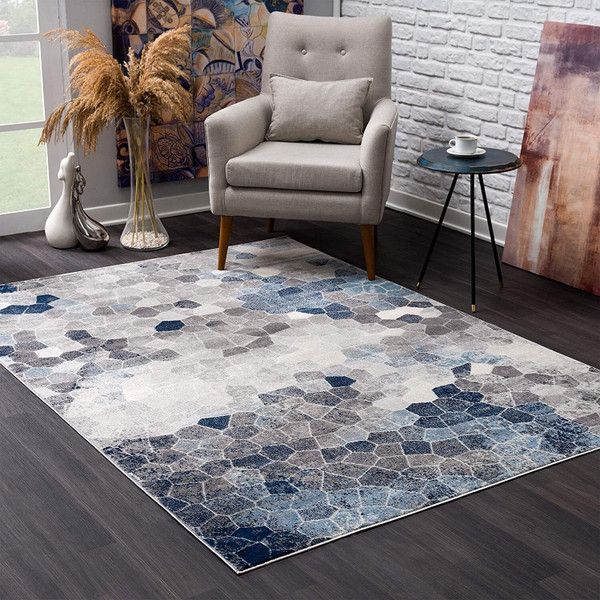 8' X 11' Navy Blue Cobblestone Pattern Area Rug N270-390254