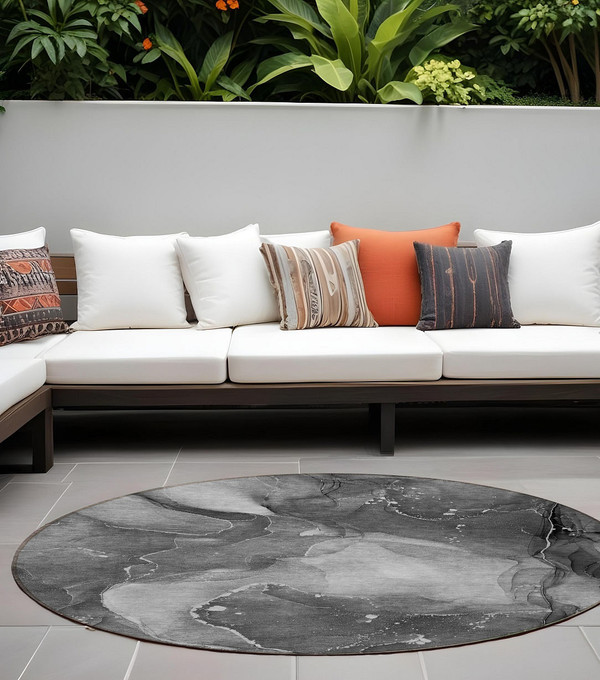8' Round Gray Round Abstract Washable Non Skid Indoor Outdoor Area Rug N270-560515