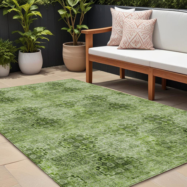 9' X 12' Olive Green Floral Medallion Washable Non Skid Indoor Outdoor Area Rug N270-562978