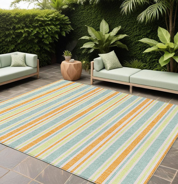 9' X 12' Orange Striped Washable Non Skid Indoor Outdoor Area Rug N270-561228