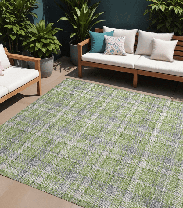 9' X 12' Green and Gray Plaid Washable Non Skid Indoor Outdoor Area Rug N270-563365