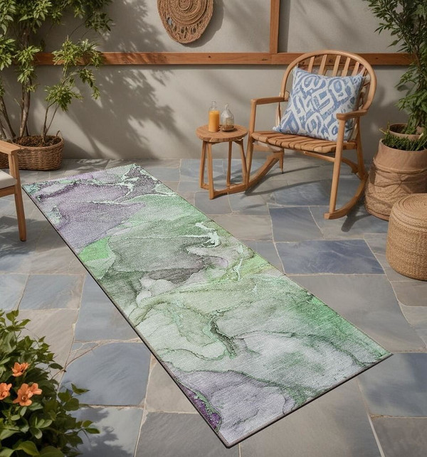 8' Runner Green Abstract Washable Non Skid Indoor Outdoor Runner Rug N270-559178