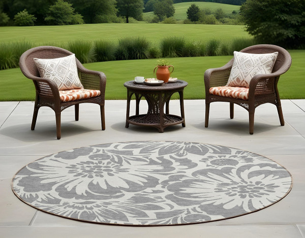 8' Round Gray and Ivory Round Floral Washable Non Skid Indoor Outdoor Area Rug N270-562457