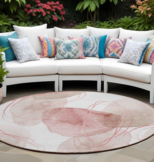 8' Round Merlot and Ivory Round Abstract Washable Non Skid Indoor Outdoor Area Rug N270-562124