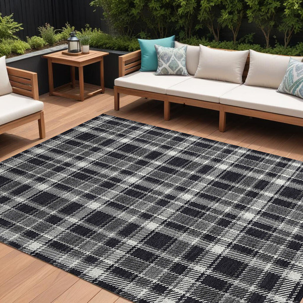 8' X 10' Black Gray and White Plaid Washable Non Skid Indoor Outdoor Area Rug N270-563337