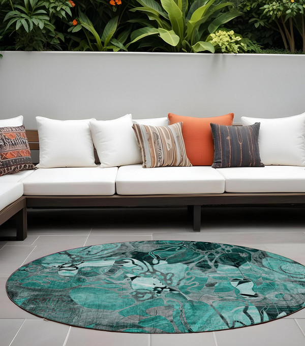 8' X 8' Teal Black and Gray Round Abstract Washable Indoor Outdoor Area Rug N270-563075