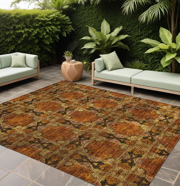 8' X 10' Orange and Rust Floral Medallion Washable Non Skid Indoor Outdoor Area Rug N270-563463