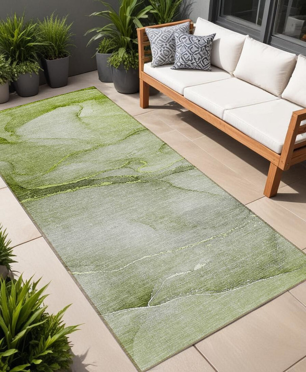8' Runner Olive Green Abstract Washable Non Skid Indoor Outdoor Runner Rug N270-559821