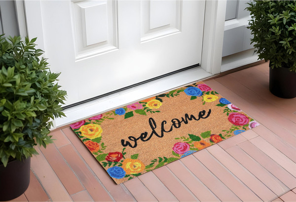 24" X 36" Natural and Black Coir Floral Welcome Outdoor Door Mat N270-555219