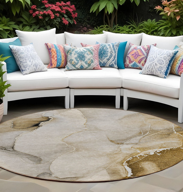 8' X 8' Beige and Brown Round Abstract Washable Indoor Outdoor Area Rug N270-560443