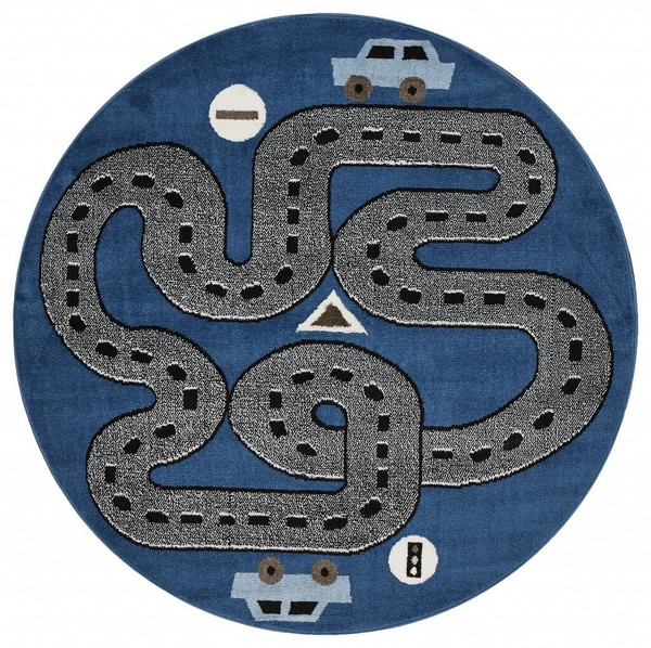 5' Round Navy Imaginative Racetrack Area Rug N270-396318