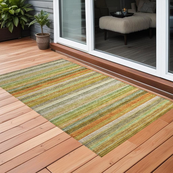 3' X 5' Artichoke Green Striped Washable Non Skid Indoor Outdoor Area Rug N270-561514
