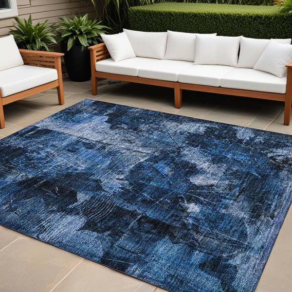 9' X 12' Navy Blue Floral Washable Non Skid Indoor Outdoor Area Rug N270-563185