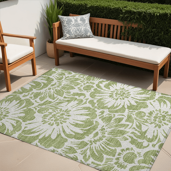 5' X 8' Green and Ivory Floral Washable Non Skid Indoor Outdoor Area Rug N270-562402