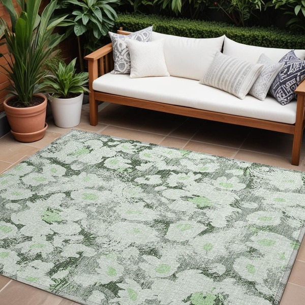 8' X 10' Artichoke Green Floral Washable Non Skid Indoor Outdoor Area Rug N270-561702