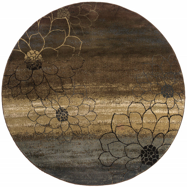 8' Brown Round Floral Power Loom Stain Resistant Area Rug N270-509013