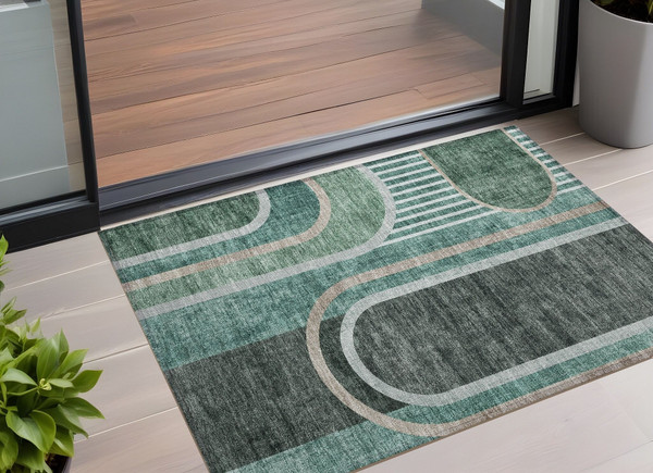 3' X 5' Black and Green Abstract Washable Indoor Outdoor Area Rug N270-561314
