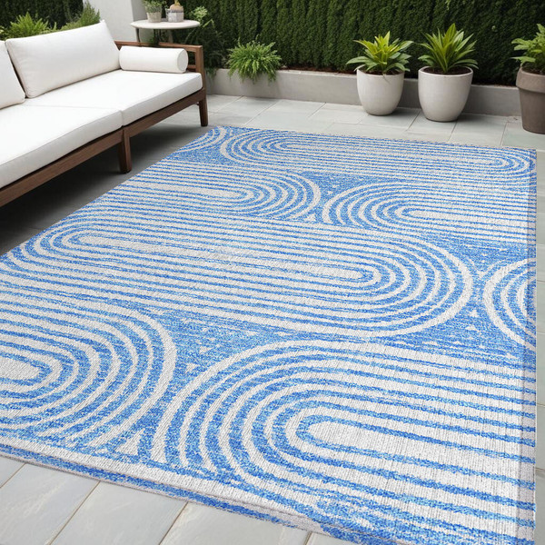 5' X 8' Blue and White Abstract Washable Non Skid Indoor Outdoor Area Rug N270-561817