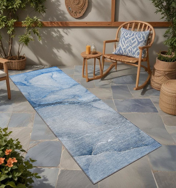 8' Runner Blue Abstract Washable Non Skid Indoor Outdoor Runner Rug N270-559794