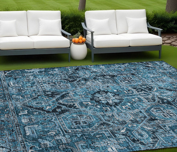 9' X 12' Denim and Gray Oriental Washable Non Skid Indoor Outdoor Area Rug N270-563752