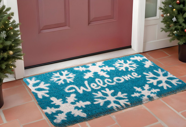 18" X 30" Aqua Blue and White Coir Snowflake Welcome Outdoor Winter Door Mat N270-555491