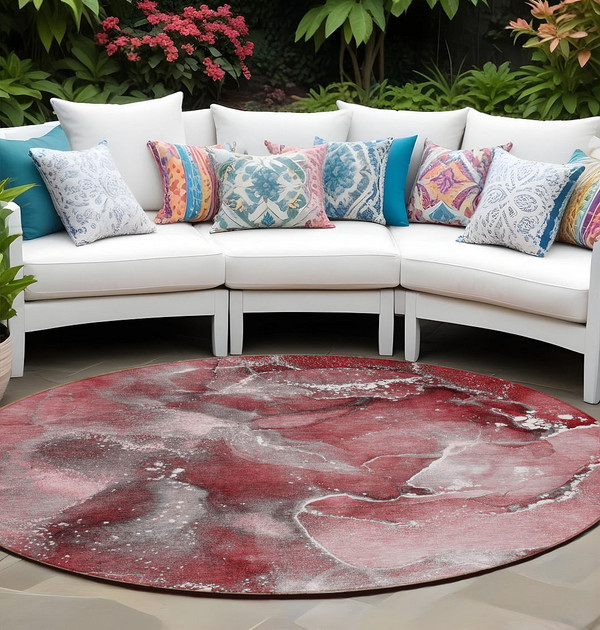 8' Round Merlot Round Abstract Washable Non Skid Indoor Outdoor Area Rug N270-560306