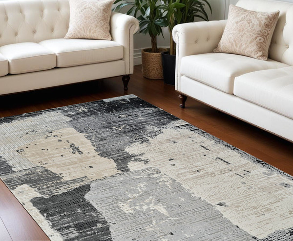 8' X 11' Beige and Black Abstract Distressed Area Rug N270-558843