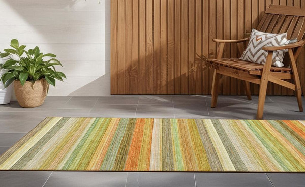 2' X 8' Artichoke Green Striped Washable Non Skid Indoor Outdoor Runner Rug N270-561512