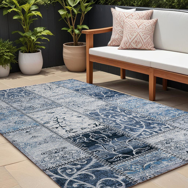 9' X 12' Denim Blue Patchwork Washable Non Skid Indoor Outdoor Area Rug N270-563545