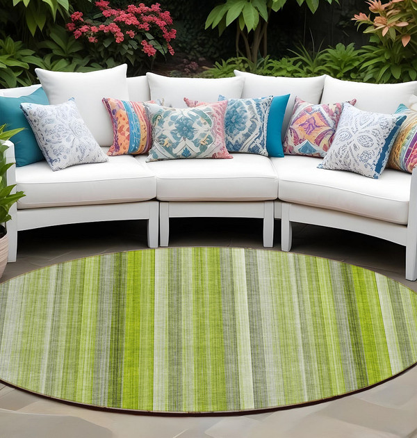 8' Round Green Round Striped Washable Non Skid Indoor Outdoor Area Rug N270-562052