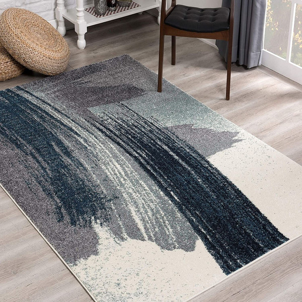 8' X 11' White And Blue Abstract Strokes Area Rug N270-390317
