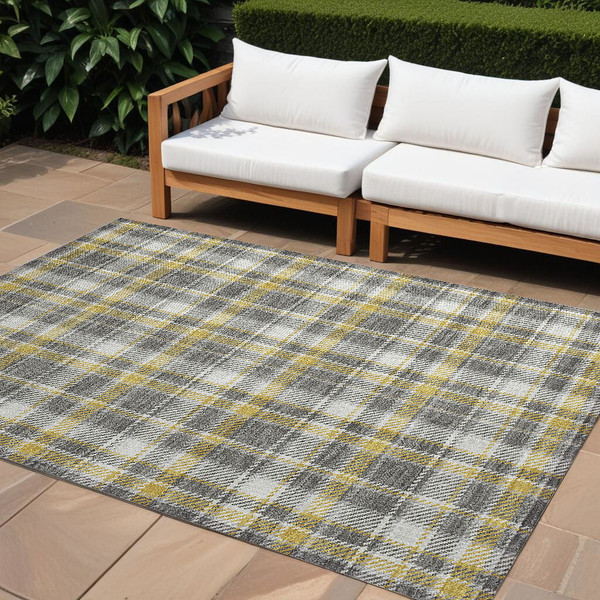 8' X 10' Gray Yellow and White Plaid Washable Non Skid Indoor Outdoor Area Rug N270-563355