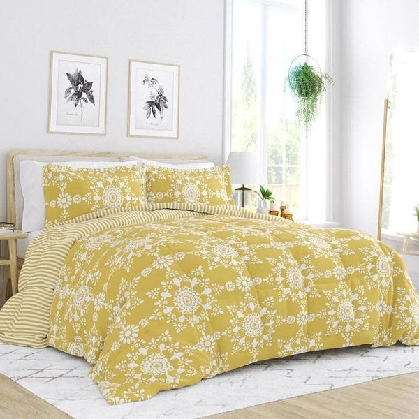 Full/Queen size 3-Piece Yellow White Reversible Floral Striped Comforter Set Q280-FQYE4599