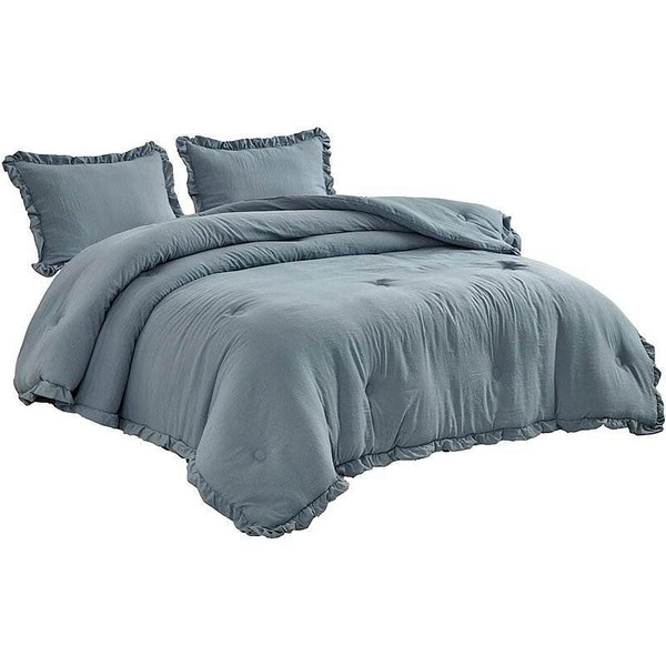 Full Size Blue Stone Washed Ruffled Edge Microfiber 3-Piece Comforter Set Q280-AQFU5699