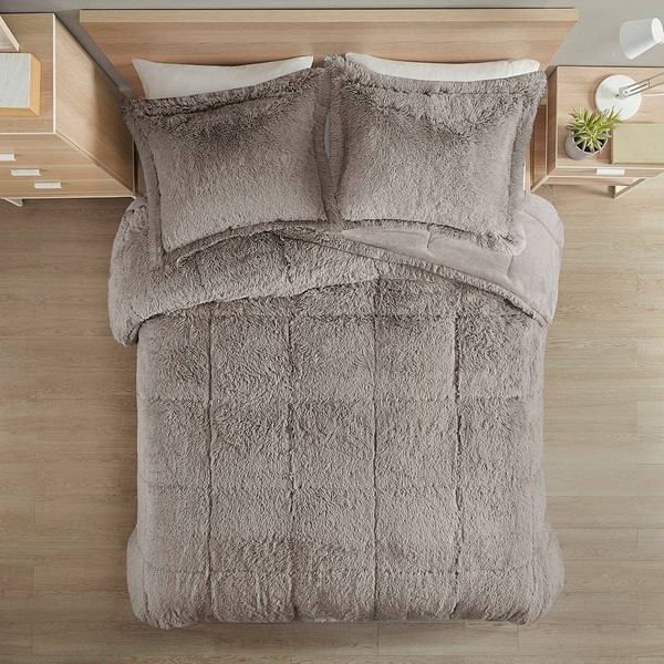 Full/Queen Grey Soft Sherpa Faux Fur 3-Piece Comforter Set with Pillow Shams Q280-FQGRDLCS79528641