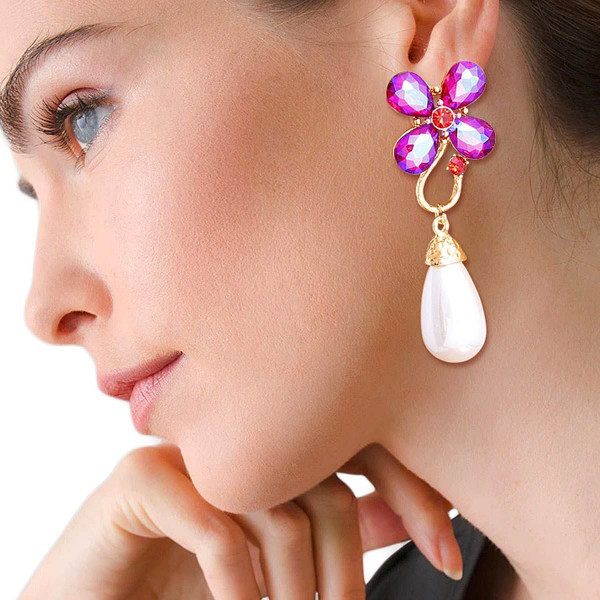 Purple Flower Pearl Teardrop Earrings T226-9485725106495