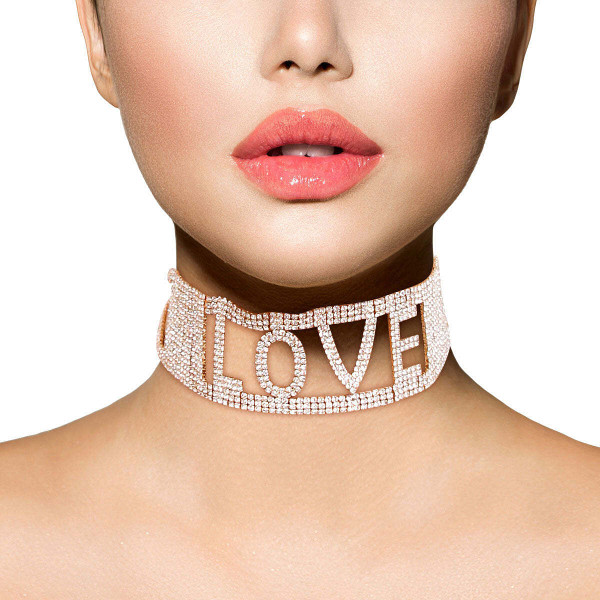 Gold LOVE 18 Row Rhinestone Choker T226-9485812695359