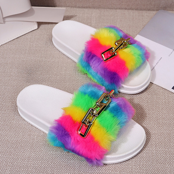 Fashion Simple Ladies Rainbow Plush Slippers Q119-CJNS1192168