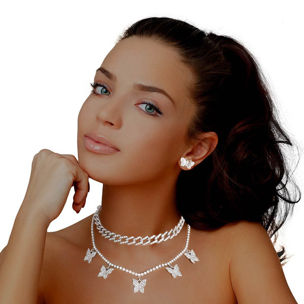 Silver Rhinestone Butterfly Charm Chain 2Pc Set T226-9485646496063