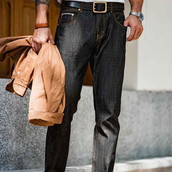 Workwear American Retro Black Denim Jeans Straight Red Ear Original Cow Color Trousers Q119-CJXX2042531