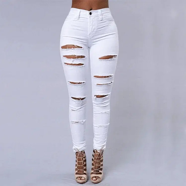 Color: WHITE, Size: XL - Women's Ripped Tight Sexy Large Size Skinny Pants Jeans for Women F640-12000017258738169