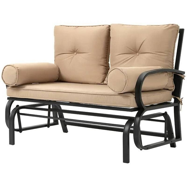 Outdoor Garden Patio Rocking Glider Chair Loveseat with Tan Khaki Cushions Q280-KHAPE482753