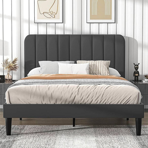 Full size Dark Grey Upholstered Platform Bed Frame with Headboard Q280-FLDGHPB14925873