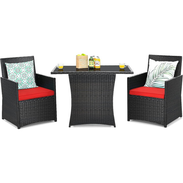 3-Piece Patio Furniture Outdoor Dining Set in Brown PE Rattan with Red Cushions Q280-RDMBPST19840572583